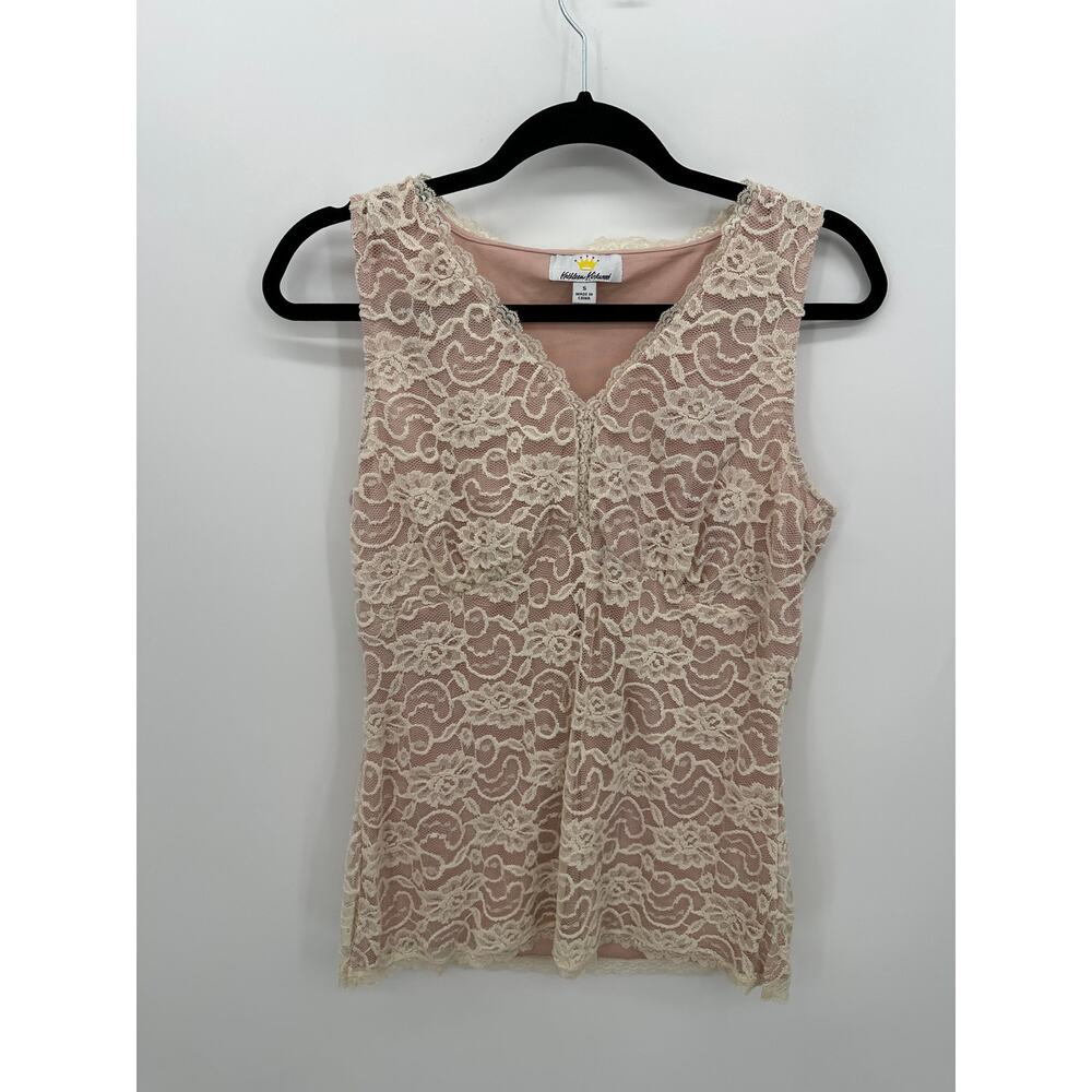 Kathleen Kirkwood Y2K Cream Lace Pink‎ Tank Top V-Neck Sz S Boho Coquette BP9